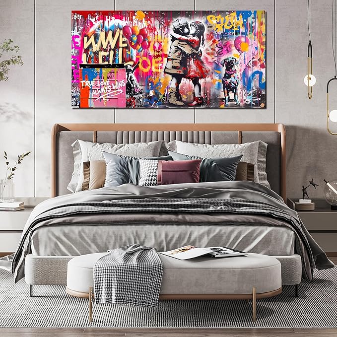CIRABKY Graffiti Canvas Wall-Art for Dorm Room Girl - Colorful Wall Decor for Living Room - Boy Hugs Girl Print Large Painting Size 24" x 48"