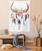 Ambesonne Feather Tapestry, Watercolor Style Bull Skull Ornaments Vibrant Image, Wall Hanging for Bedroom Living Room Dorm Decor, 40" X 60", White Brown