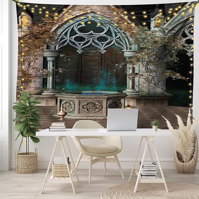 Ambesonne Gothic Tapestry, Patio with Enchanted Wishing Well Ivy on Antique Gateway to Forest, Fabric Wall Hanging Decor for Bedroom Living Room Dorm, 28" X 23", Taupe Green