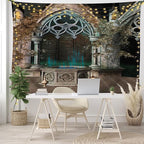 Ambesonne Gothic Tapestry, Patio with Enchanted Wishing Well Ivy on Antique Gateway to Forest, Fabric Wall Hanging Decor for Bedroom Living Room Dorm, 28" X 23", Taupe Green