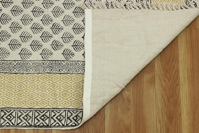 Kilim Rug 5x7 Area Rug Beige & Black Cotton Dhurrie Oriental Thick 0.19 inches Stone Easy Washable Rug Hand Wash Cotton Carpet Flatweave Rug Indoor Outdoor Rugs for Living Room, Bedroom