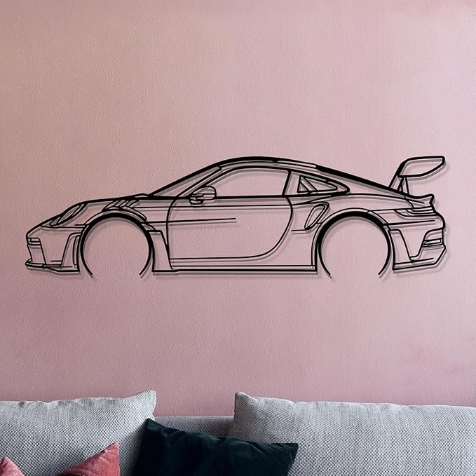 Dekory Car Wall Art – 911 GT3 RS (992) Black Metal Sports Car Silhouette, Modern Industrial Automotive Wall Decor for Garage, Living Room or Bedroom – 56 Inch (XXL)