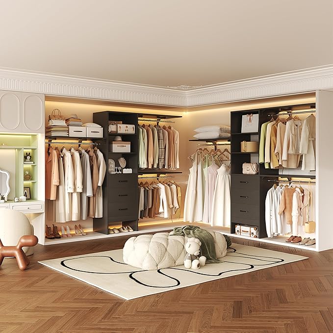 Flrrtenv 8FT Closet System, 96'' Closet Organizer System with 3 Hanging Rods, Wall Mount Bedroom Wardrobe with 3 Drawers Walk-in Closet, Adjustable Cloth Garment Rack from 5 to 8FT (Cut to Fit), Black