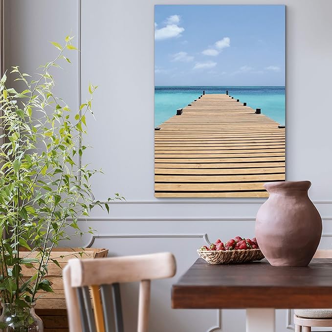 Renditions Gallery Canvas Nature Wall Art Modern Paintings & Prints Decor Sunny Endless Ocean Dock Glam Romantic Wall Hanging Artwork for Bedroom Living Room Office Kitchen - 18"x27" LT06