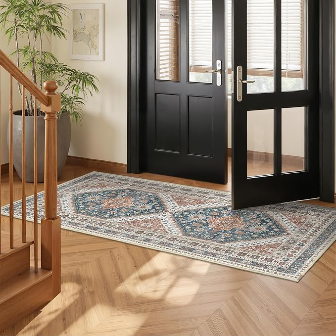 Runner Rug 2x6, Ultra-Thin Entryway Rug Non Slip Washable Rugs for Laundry Room, Runners for Hallways, Vintage Soft Rugs for Living Room, Kitchen, Bedroom(Blue/Red,2'x6')