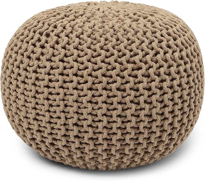 REDEARTH · Round Pouf Ottoman - Hand Knitted Cable Boho Poof Home Décor Pouffe Circular Footrest for Living Room - Nursery - Bedroom - Lounge 100% Cotton (19.5”x19.5”x14”) - Beige, Set of 2