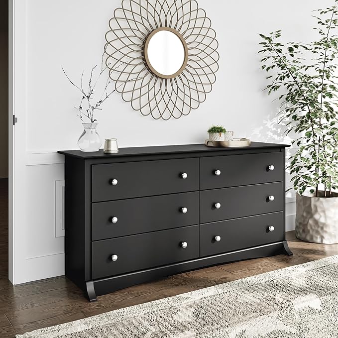Prepac Sonoma 6-Drawer Double Dresser for Bedroom, Wide Chest of Drawers, Traditional Bedroom Furniture, 59"W x 17.5"D x 29"H, Black