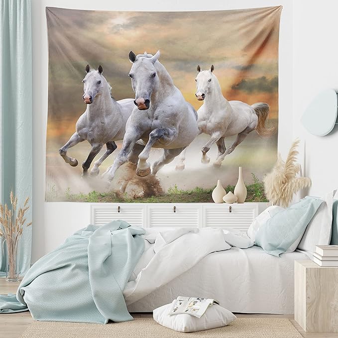 Ambesonne Horses Tapestry King Size, Stallion Horses Running on a Sky Background Male Champions Print, Wall Hanging Bedspread Bed Cover Wall Decor, King Size, White Orange