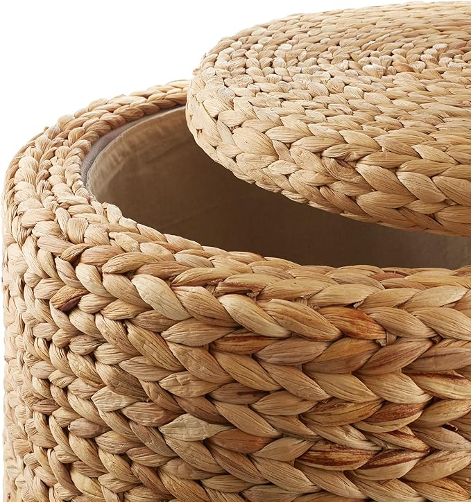 Casafield 17" Round Storage Ottoman with Lid - Natural, Handwoven Water Hyacinth Footstool for Living Room, Bedroom, Bathroom, Home Office