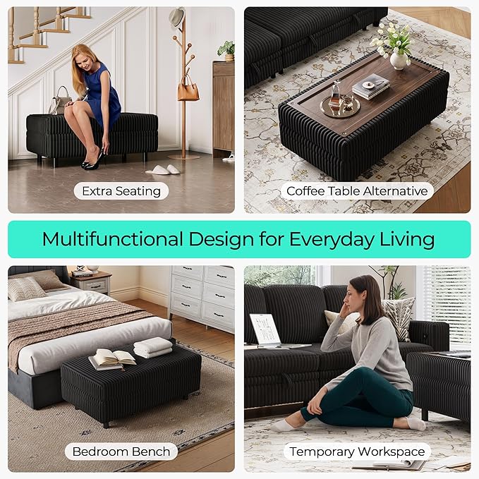 LINSY HOME Sectional Sleeper Sofa Storage Ottoman Bench, Convertible Coffee Table Plush Corduroy Couch Ottoman Footstool for Living Room, Bedroom Entryway and Family Room, Black