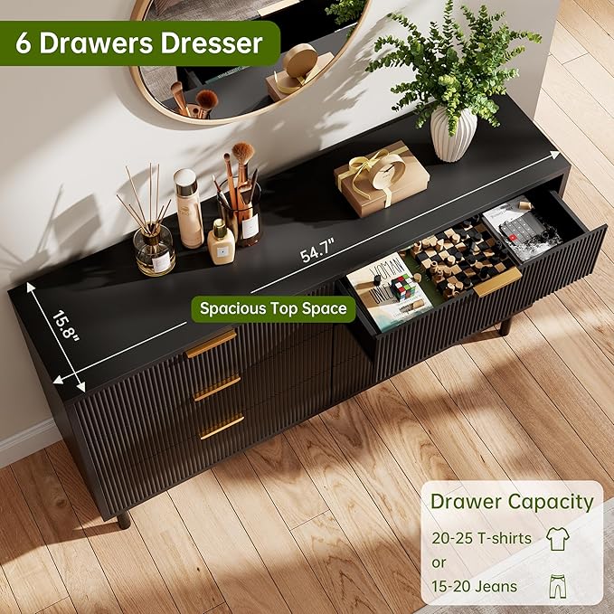 GarveeHome Black Wave Fluted 6 Drawer Dresser, Wide Wood Double Dresser with Metal Legs and Handles, Modern Chest of Drawers with Anti-Tipping Design for Bedroom Living Room Hallway