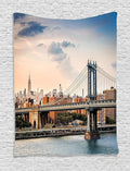 Ambesonne New York Tapestry, Manhattan Bridge and the New York Skyline at Sunset East River Highrise Buildings, Wall Hanging for Bedroom Living Room Dorm Decor, 60" X 80", Camel Blue