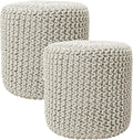 REDEARTH · Cylindrical Hand Knitted Pouf - Foot Stool Ottoman - Cord Boho Pouffe - Cotton Round Poof for Home Decor - Living Room - Nursery - Bedroom - Patio (16" x 16" x 16") - Ivory, Set of 2