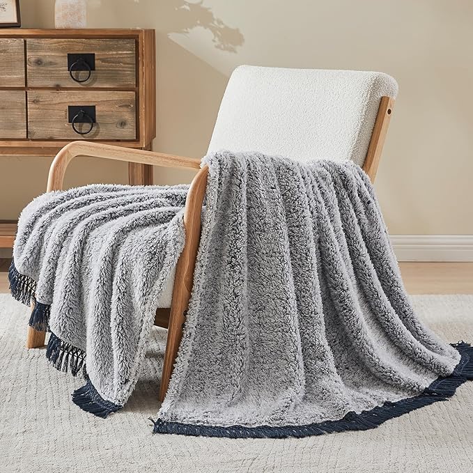 EMME Soft Sherpa Fleece Blanket with Tassel, Reversible Plush Fluffy Large Blanket, Light Weight Warm Decorative Boho Blanket Cover for Sofa, Couch, Bedroom,Travel(Tassel Navy,90"x90")