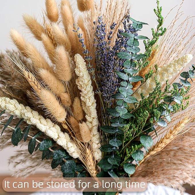 Boho Dried Flower Bouquet – Pampas Grass Bouquet with Lavender, Eucalyptus, Wheat & Bunny Tail – Rustic Dried Floral Arrangement for Olive Green Decor, Farmhouse Flowers, and Wedding Centerpieces