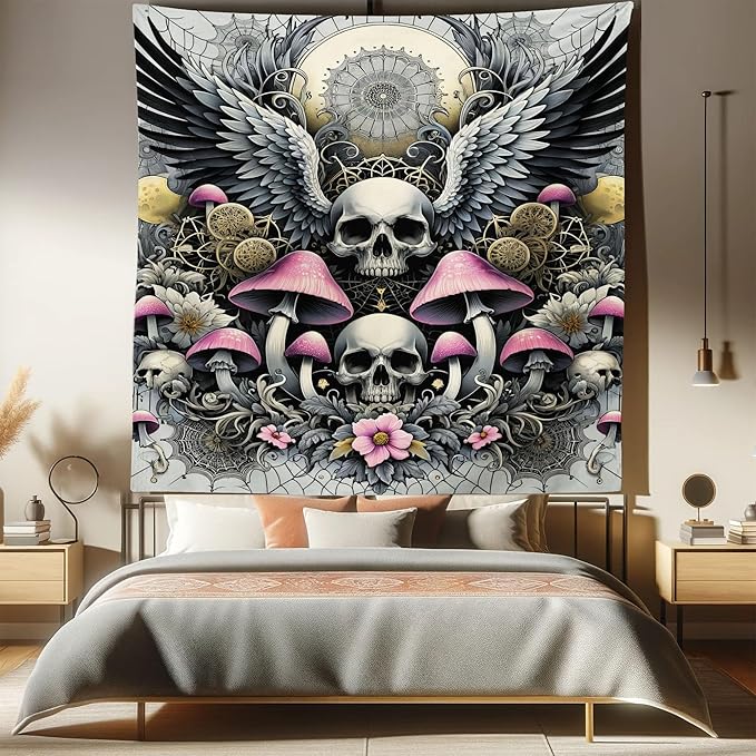 Ambesonne Gothic Tapestry Queen Size, Blushy Mushrooms and Wingy Skull with Lace and Cactus Flowers Art Boho, Wall Hanging Bedspread Bed Cover Wall Decor, 88" X 88", Pink Grey Yellow Mustard