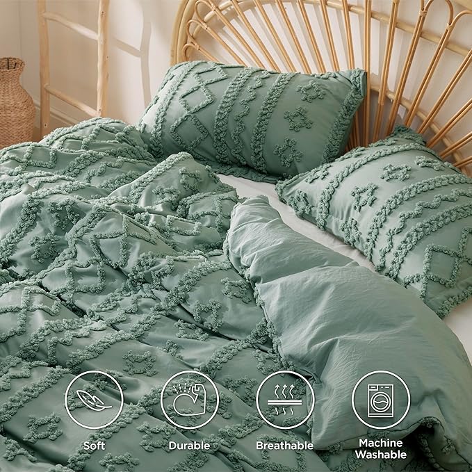 Bedsure Boho Duvet Cover Queen Size, Soft & Comfortable Elegant Design Boho Bedding for Decoration, Machine Washable Comforter Cover for All Seasons,Includes 1 Duvet Cover & 2 Pillow Shams,Sage Green