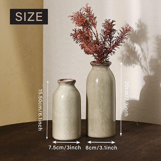 VICTOR & TERESA Green Ceramic Vases Home Decor, Farmhouse Vase for Flowers, Flower Vase Set of 2, Rustic Decorative Vases for Pampas Grass, Table, Living Room, Shelf, Centerpieces, 8 inch