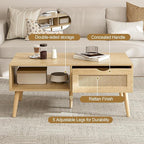 Coffee Table with Storage, Boho Dining Table with Rattan Drawer and Solid Wood Legs, Small Coffee Tables for Living Room, Oak
