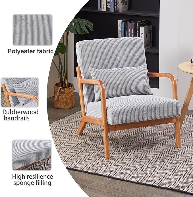 KEIKI Mid-Century Modern Upholstered Accent Chair, Solid Wood Lounge Chair for Living Room