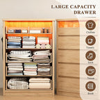 Larger Oak 5 Drawer Dresser for Bedroom with LED Light, Modern Chest of Drawers with Hidden Handles, Tall Wooden Dresser Closet for Living Room, Entryway, Hallway - Oak