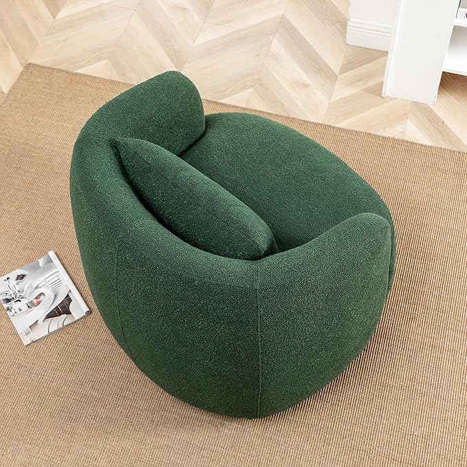 KINWELL 34" Wide Boucle Swivel Barrel Chair with 23" Ottoman Set, Fully Assembled Set of Sherpa Accent Chair and Footrest, Modern Comfy Armchair and Footstool for Living Room and Bedroom, Green