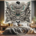 Ambesonne Mandala Tapestry King Size, Medieval Esotery Inspired Oriental Moth with Floral Details Witchcore, Wall Hanging Bedspread Bed Cover Wall Decor, 104" X 88", Grey Yellow Green Sepia