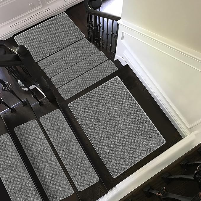 PURE ERA Carpet Stair Treads Tape Free Non Slip Indoor Stair Carpet Stair Protectors Pet-Friendly Non-Slip Skid Resistant Washable Reusable 8" x 30"(2 Pieces,Gray Mini-Diamond Trellis)