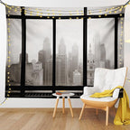 Ambesonne City Tapestry, Philadelphia City Rooftop View Through Window Skyline Landmark Rooftop Travel, Fabric Wall Hanging Decor for Bedroom Living Room Dorm, 45" X 30", Grey Black