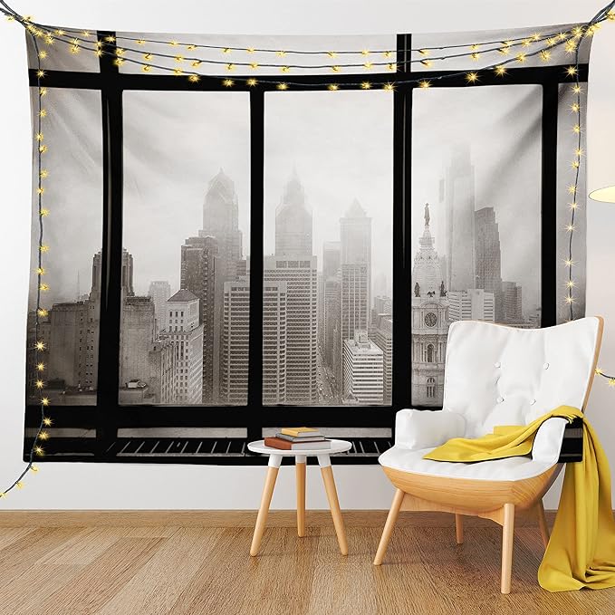 Ambesonne City Tapestry Queen Size, Philadelphia City Rooftop View Through Window Skyline Landmark Rooftop Travel, Wall Hanging Bedspread Bed Cover Wall Decor, 88" X 88", Grey Black