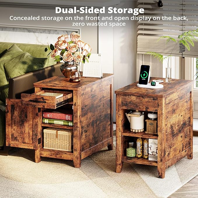 IRONCK End Table with Charging Station, Narrow Side Table for Living Room, Farmhouse Night Stand for Bedroom, Bedside Table with Storage and Drawer for Home, Vintage Brown