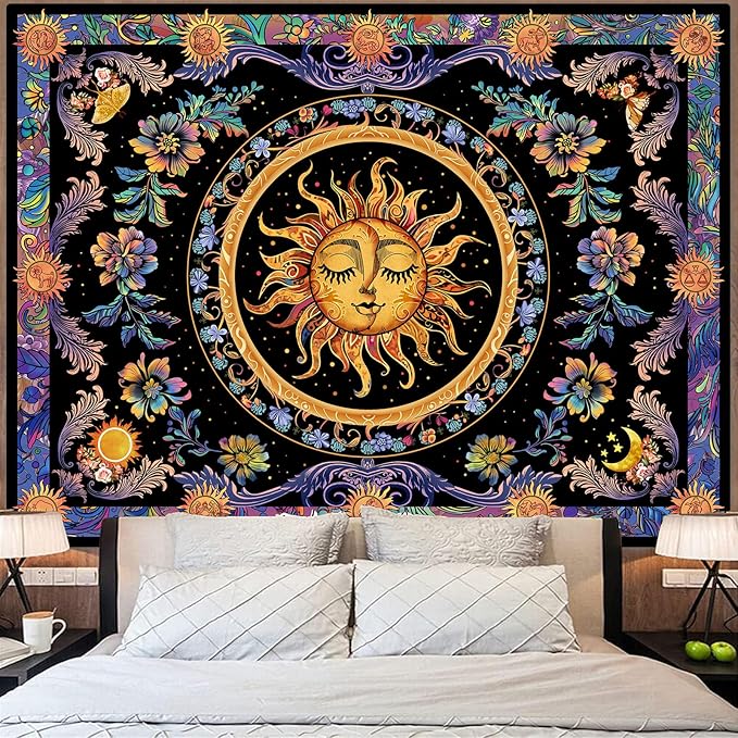 Accnicc Sun and Moon Tapestry Psychedelic Floral Plant Tapestries for Bedroom Aesthetic Hippie Boho Flower Tapestry Wall Hanging for Dorm Living Room (60'' × 44'')
