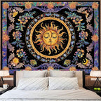 Accnicc Sun and Moon Tapestry Psychedelic Floral Plant Tapestries for Bedroom Aesthetic Hippie Boho Flower Tapestry Wall Hanging for Dorm Living Room (80'' × 60'')