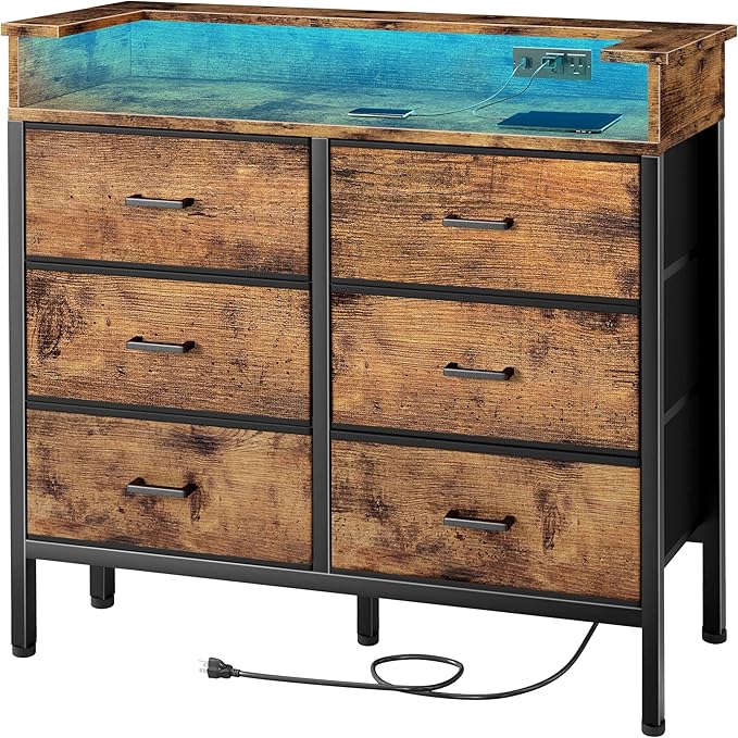 BOLUO Brown Dresser with LED Light and Charging Station for Bedroom 6 Drawer Dresser with USB Outlet, Fabric Dressers & Chests of Drawers Modern