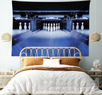 Ambesonne Bowling Party Tapestry King Size, Symmetrical Bowling Pins on an Empty Alley Hobby Fun Challenge Theme, Wall Hanging Bedspread Bed Cover Wall Decor, 104" X 88", Blue White Red