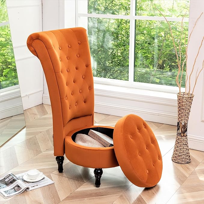 Royal High-Back Velvet Accent Chair for Vanity with Storage and Luxurious Upholstery, Retro Design and Versatile Usage for Livingroom, Bedroom, Lounge and Office, Red Orange