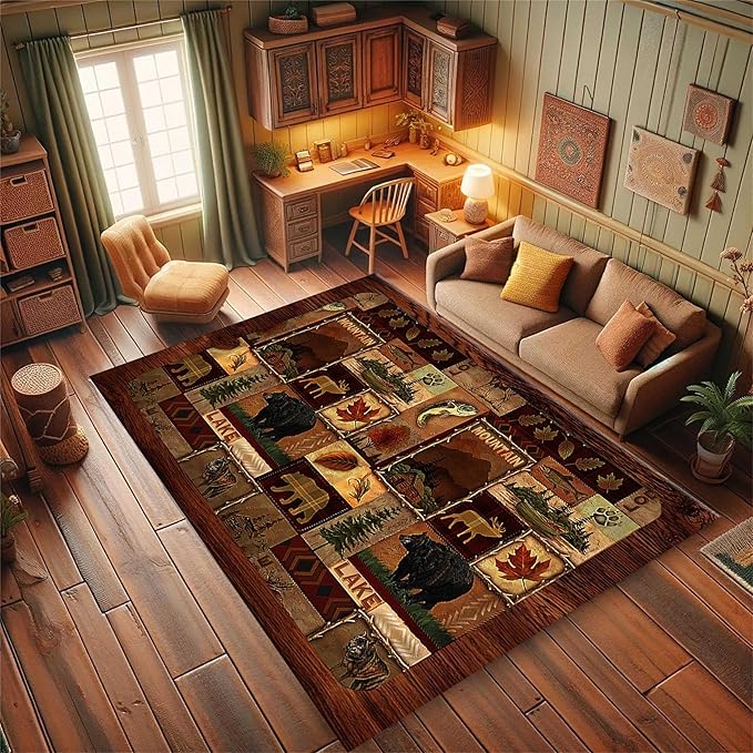 Cabin Collection Rug Vintage Southwestern Nature Landscape and Wild Animals Design Area Rugs Contemporary Geometric Stitching Carpets Bordered by Wooden Barn for Dining Room Laundry Bedsides, 5x7ft