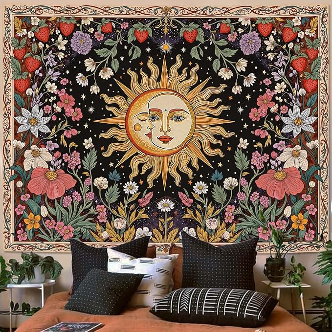 Accnicc Sun and Moon Tapestry Boho Vintage Floral Wall Tapestry for Bedroom Aesthetic Hippie Celestial Botanical Colorful Plant Large Tapestries Wall Hanging for Living Room Dorm 80 x 60 Inch