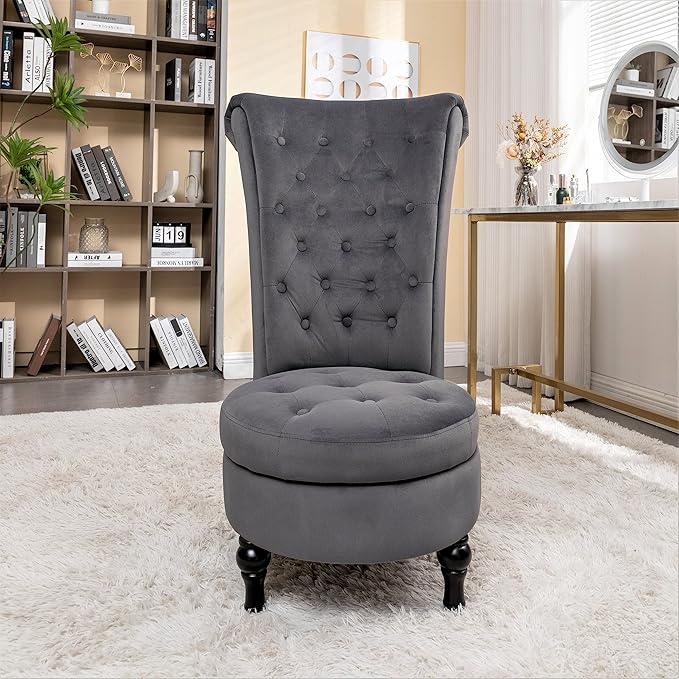 Royal High-Back Velvet Accent Chair for Vanity with Storage and Luxurious Upholstery, Retro Design and Versatile Usage for Livingroom, Bedroom, Lounge and Office, Grey