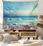 Ambesonne Tropical Island Tapestry King Size, Ocean Waves on Seychelles Beach at the Sunset Time Skyline, Wall Hanging Bedspread Bed Cover Wall Decor, 104" X 88", Turquoise Sky Blue Umber