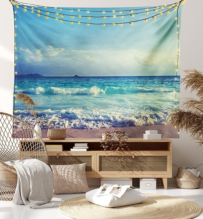 Ambesonne Tropical Island Tapestry, Ocean Waves on Seychelles Beach at the Sunset Time Skyline, Wide Wall Hanging for Bedroom Living Room Dorm, 60" X 40", Turquoise Sky Blue Umber