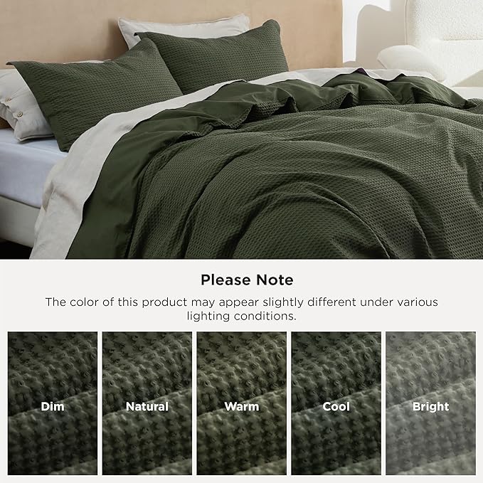 Bedsure 100% Cotton Duvet Cover King Size with Fitted Sheet - 4 Pieces Olive Green Waffle Weave Bedding Set, GentleSoft™ and Breathable, Includes 1 Duvet Cover 104x90, 1 Fitted Sheet, 2 Pillow Shams