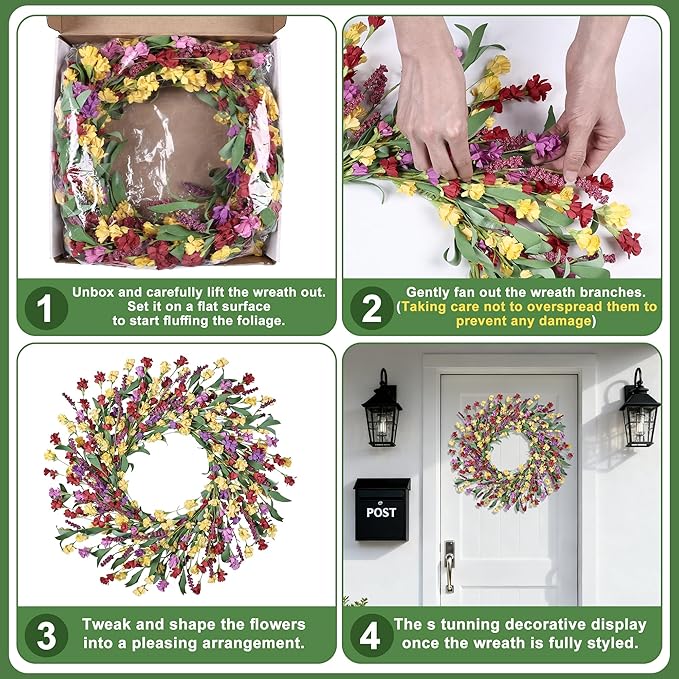 Wreaths for Front Door, 24 Inch Spring/Summer Front Door Wreath, Colorful Paper Flower Wreath for All Seasons for Indoor Home Wall Window Office Wedding Farmhouse Decor (Multicolor)