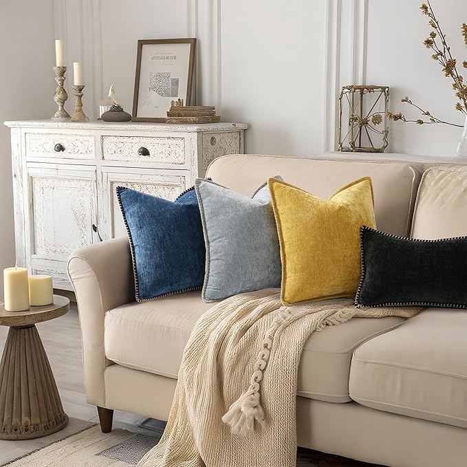 decorUhome Spring Chenille Soft Throw Pillow Covers 12x20 Set of 2, Lumbar Velvet Farmhouse Neutral Decorative Pillow Covers with Stitched Edge for Couch Sofa Bed Home Decor, Black