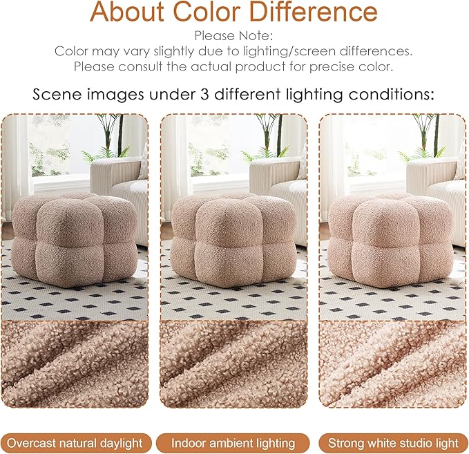 ONEVOG 21" Light Brown Funky Ottoman, Square Fuzzy Couch Sherpa Pouf Ottoman, Tufted Fluffy Boucle Fabric Foot Stools, Upholsered Footrest & Coffee Table for Living Room Bedroom, Cute Pouf Home Decor