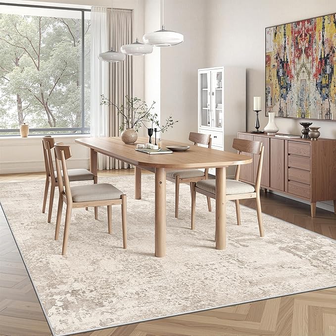 Art&Tuft Washable Rugs 5x7, Abstract Area Rugs for Living Room - Non Slip and Low Pile Soft Thin 5x7 Rug for Bedroom, Dining Room, Kitchen, Office, Beige