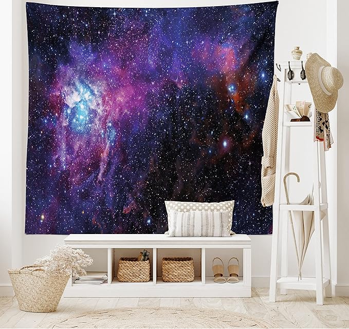 Ambesonne Galaxy Tapestry, Starry Night Nebula Cloud Celestial Theme Image Space Art Elements Print, Fabric Wall Hanging Decor for Bedroom Living Room Dorm, 28" X 23", Black Purple Blue
