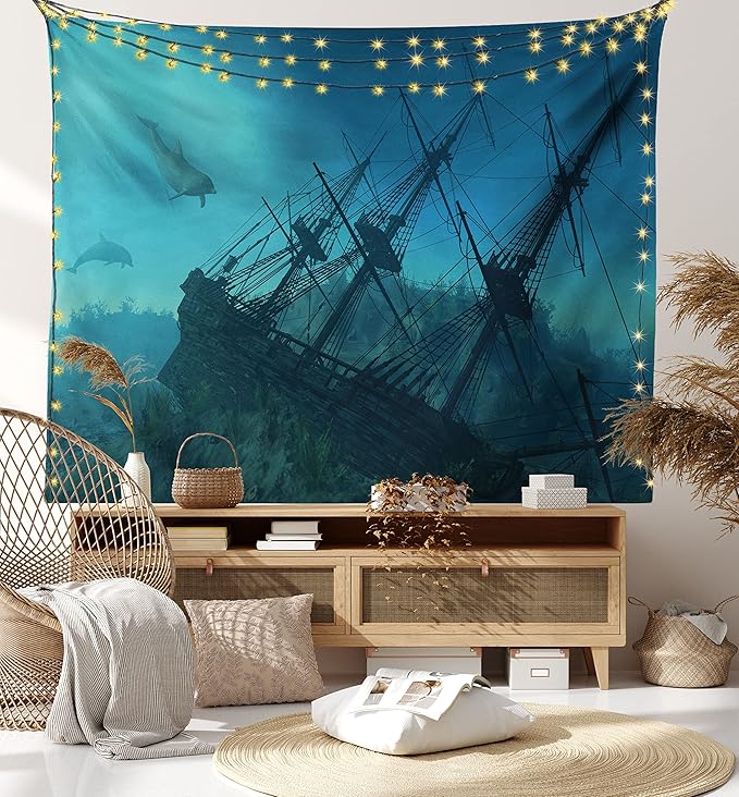 Ambesonne Nautical Tapestry, Dolphins Ruined Wreckage Underwater Sunken Ship Mystery Treasure, Fabric Wall Hanging Decor for Bedroom Living Room Dorm, 28" X 23", Blue Teal