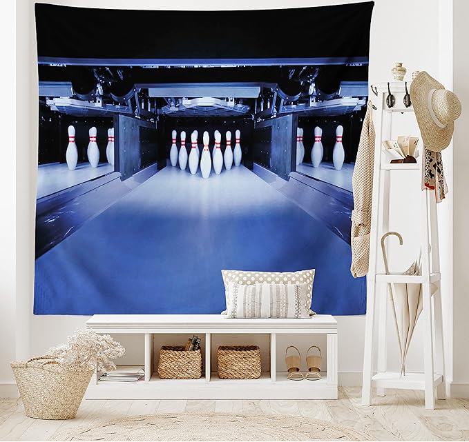 Ambesonne Bowling Party Tapestry Twin Size, Symmetrical Bowling Pins on an Empty Alley Hobby Fun Challenge Theme, Wall Hanging Bedspread Bed Cover Wall Decor, 68" X 88", Blue White Red