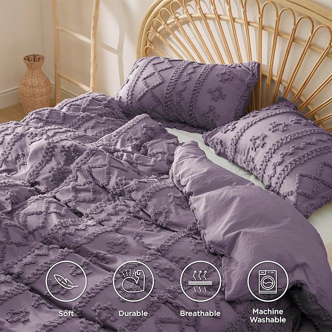 Bedsure Boho Duvet Cover Queen Size, Soft & Comfortable Elegant Design Boho Bedding for Decoration, Machine Washable Comforter Cover for All Seasons,Includes 1 Duvet Cover & 2 Pillow Shams,Purple